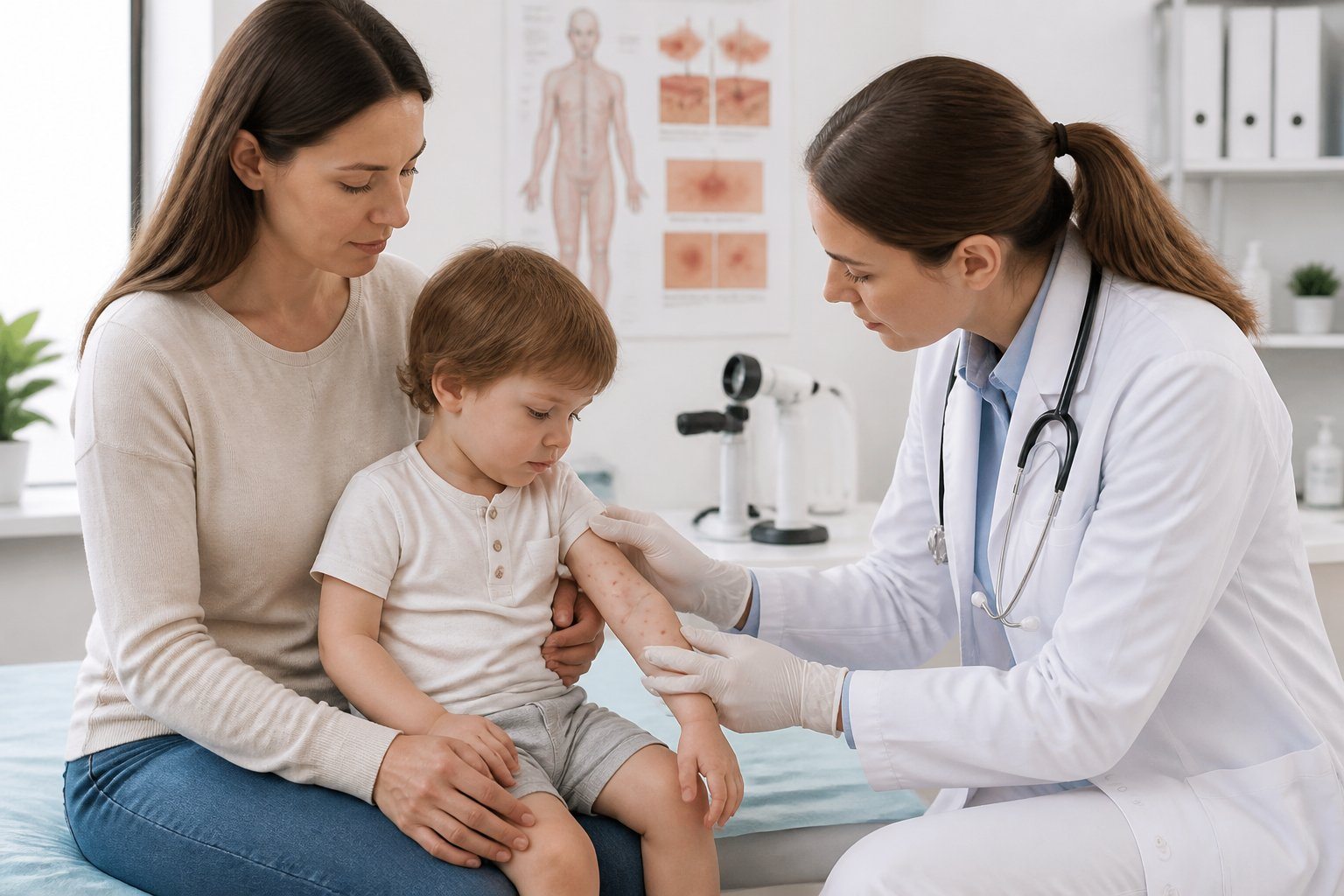 Médico pediatra examinando a pele de uma criança durante consulta médica, com a mãe ao lado, em um consultório limpo e iluminado.