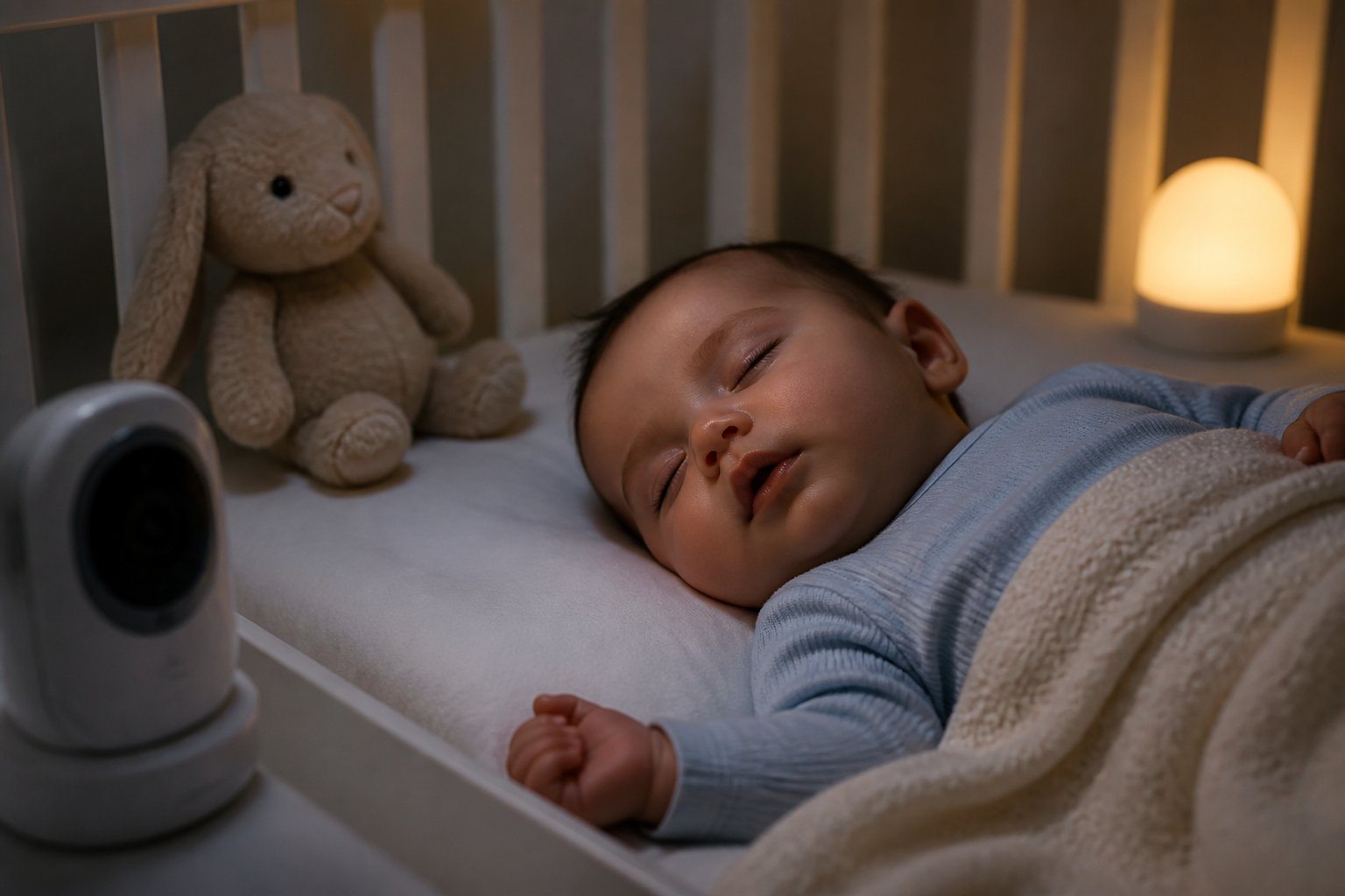 Bebê dormindo em berço com respiração ofegante, em um quarto infantil com iluminação suave.