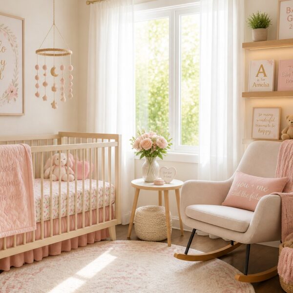 Quarto de bebê iluminado pelo sol com berço, brinquedos e prateleira com livros e decoração.