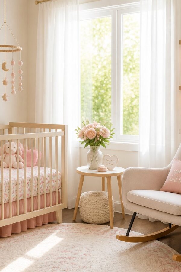 Quarto de bebê iluminado pelo sol com berço, brinquedos e prateleira com livros e decoração.
