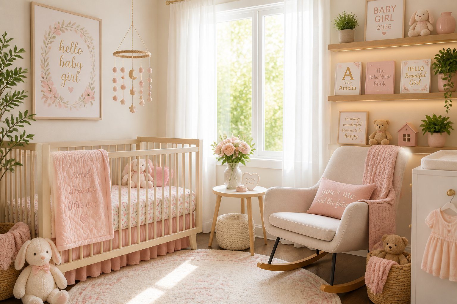 Quarto de bebê iluminado pelo sol com berço, brinquedos e prateleira com livros e decoração.