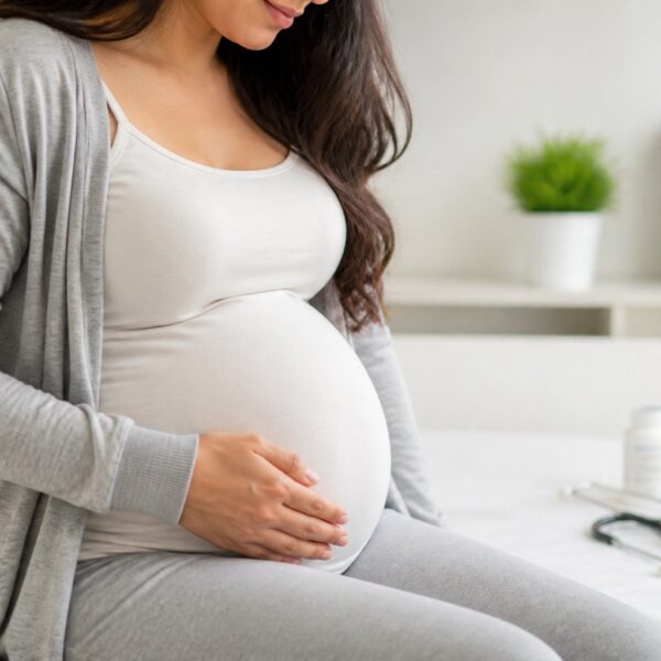 Mulher grávida segurando suavemente a barriga em um ambiente calmo e iluminado, transmitindo cuidado com a saúde na gravidez.
