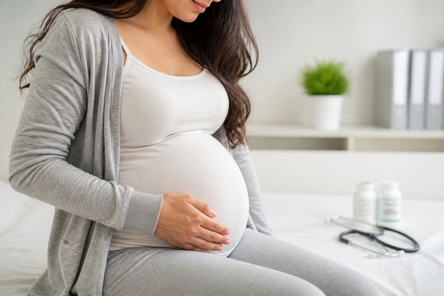 Mulher grávida segurando suavemente a barriga em um ambiente calmo e iluminado, transmitindo cuidado com a saúde na gravidez.