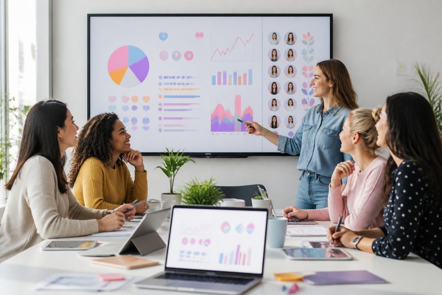 Grupo de mulheres jovens reunidas em um ambiente de trabalho moderno, analisando gráficos e listas relacionadas a tendências de nomes femininos para 2026.
