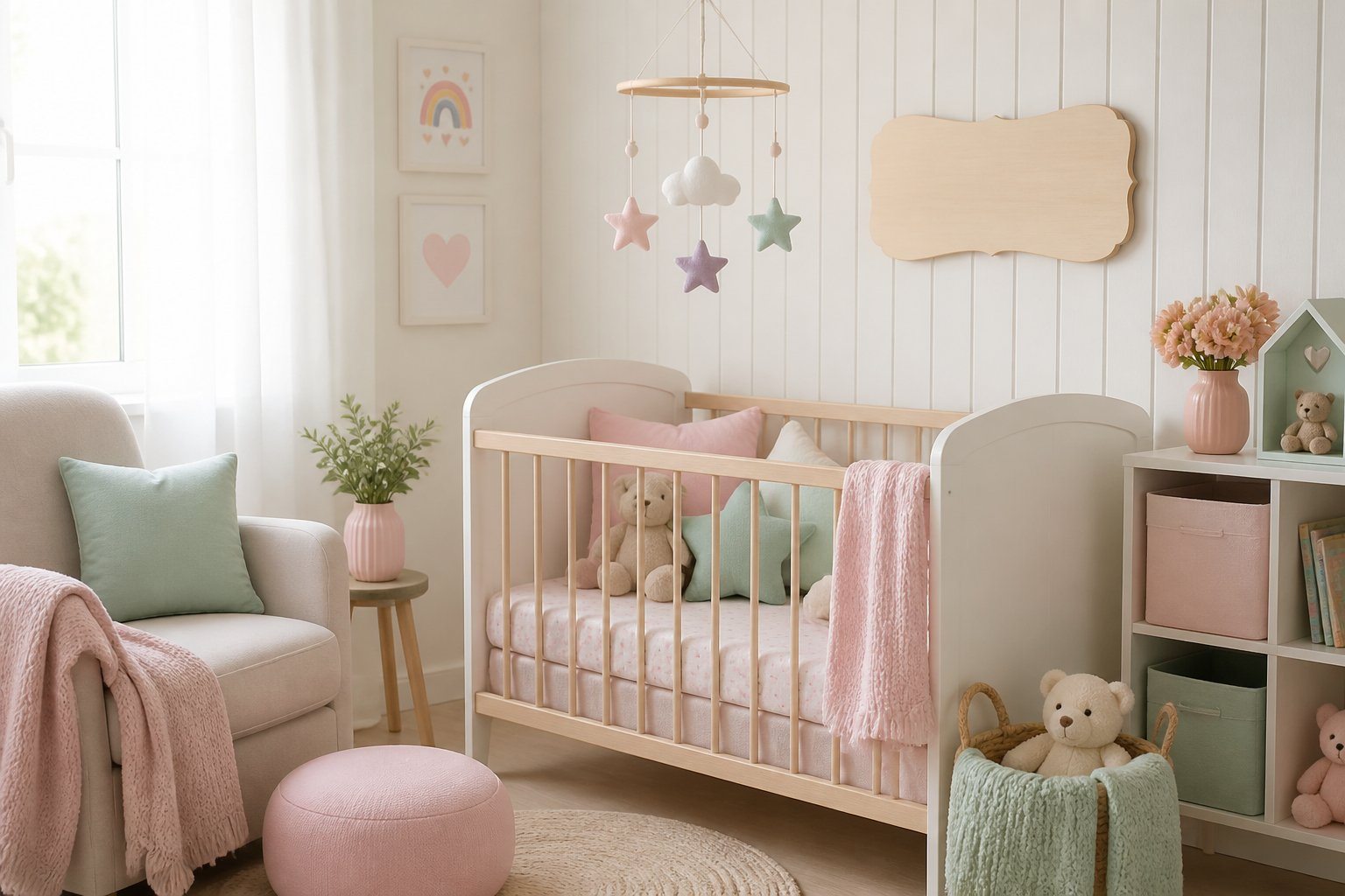 Quarto de bebê iluminado com luz natural, com berço decorado e objetos delicados em tons pastel.