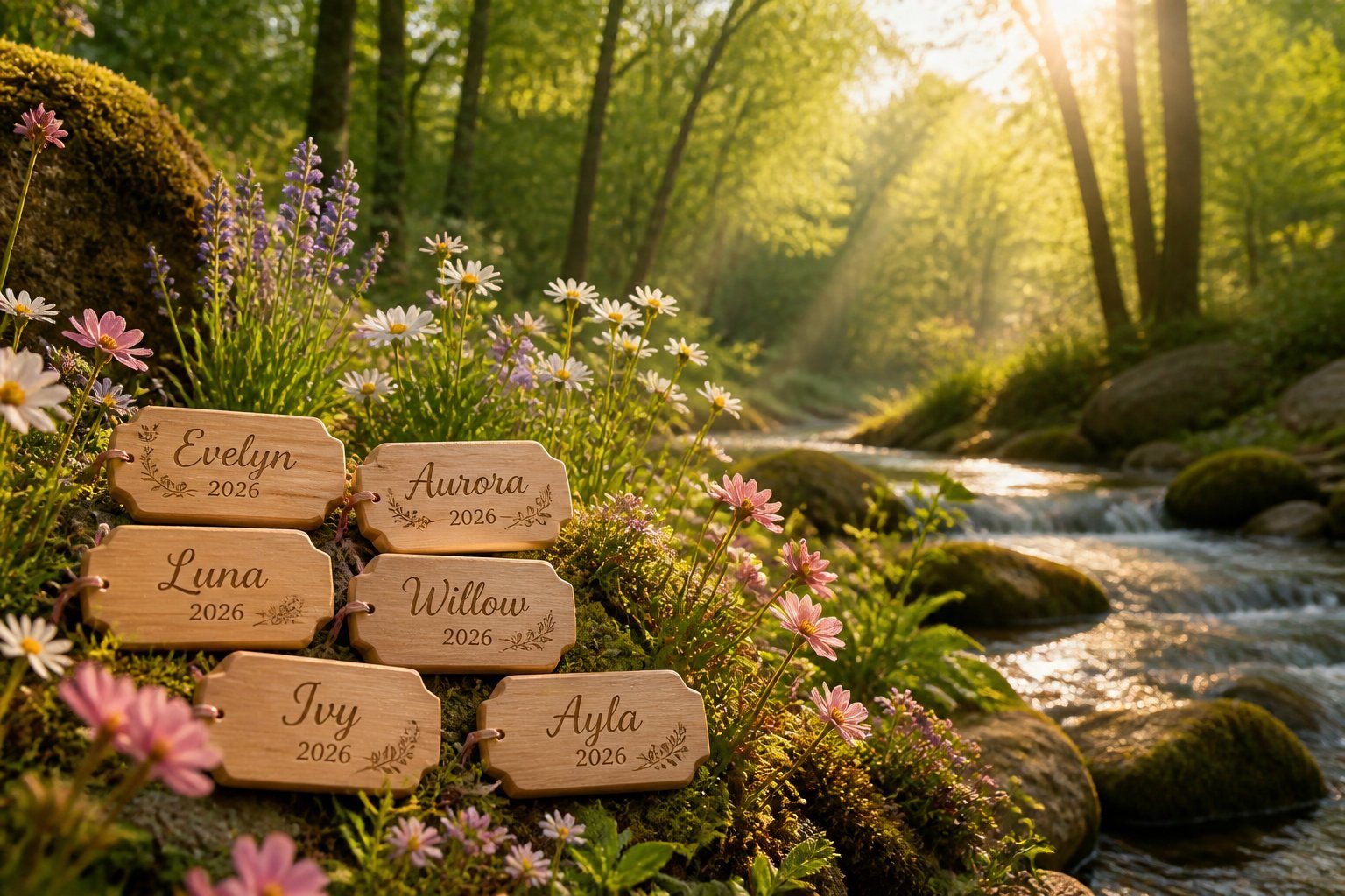 Paisagem natural tranquila com flores coloridas, árvores verdes e um riacho calmo ao amanhecer, mostrando placas pequenas com nomes femininos integradas ao ambiente.