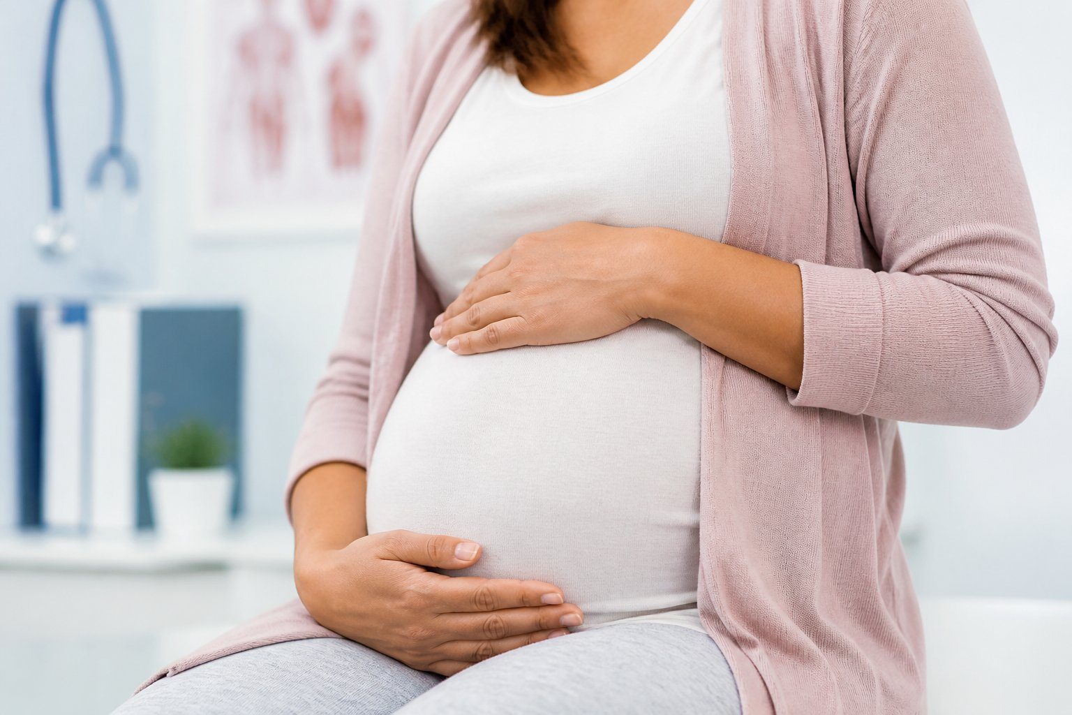 Mulher grávida tocando suavemente a barriga em um ambiente médico.