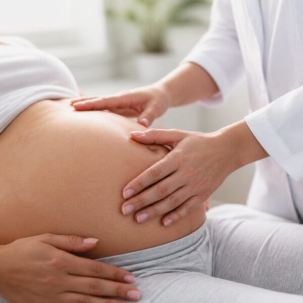 Mãos de um profissional de saúde tocando a barriga de uma mulher grávida em um ambiente médico.