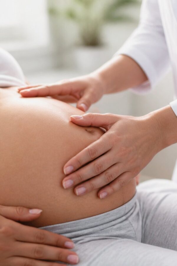 Mãos de um profissional de saúde tocando a barriga de uma mulher grávida em um ambiente médico.