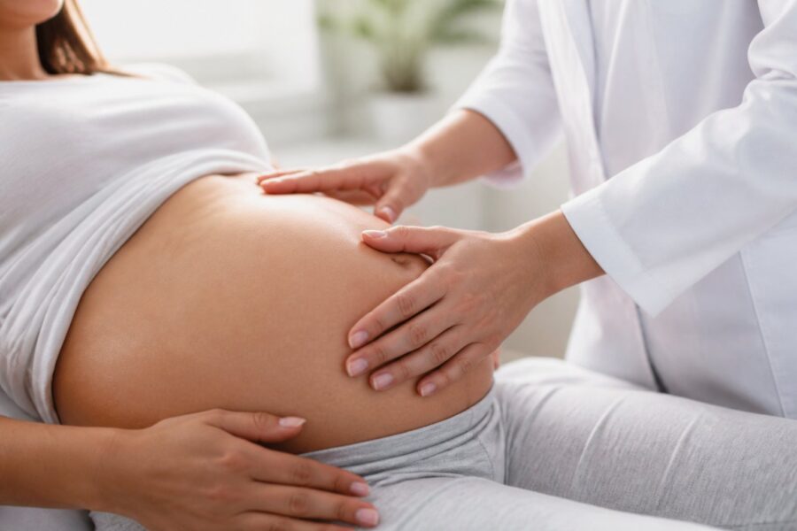 Mãos de um profissional de saúde tocando a barriga de uma mulher grávida em um ambiente médico.