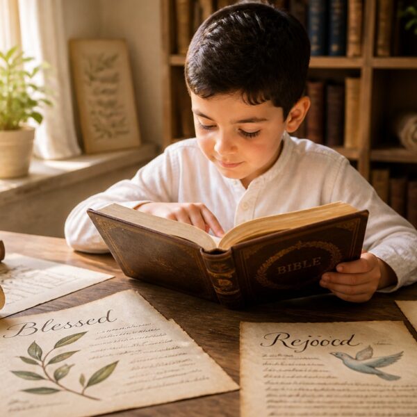 Menino sentado em uma mesa lendo um livro antigo em um ambiente iluminado e acolhedor.