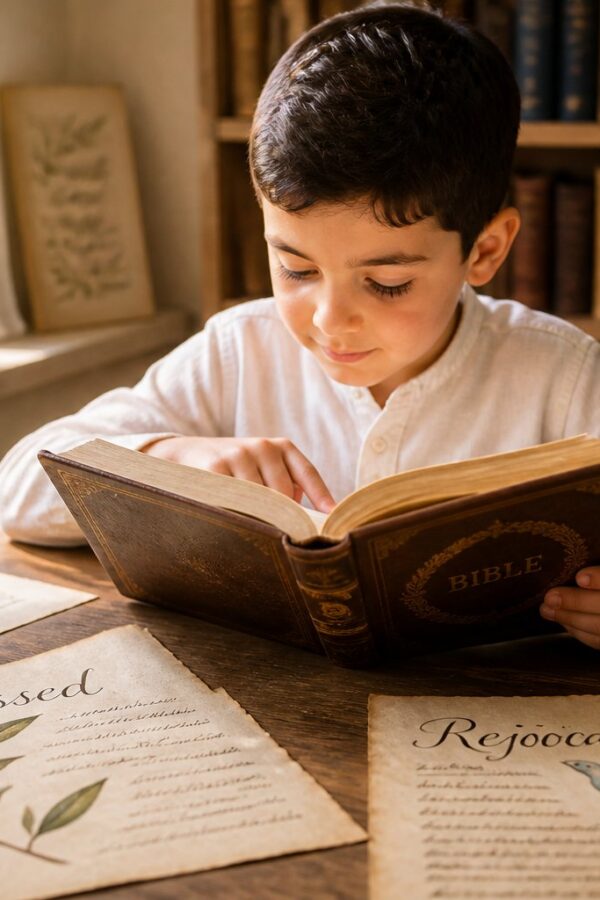 Menino sentado em uma mesa lendo um livro antigo em um ambiente iluminado e acolhedor.