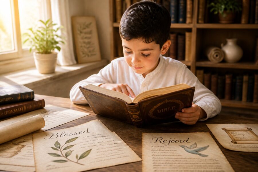 Menino sentado em uma mesa lendo um livro antigo em um ambiente iluminado e acolhedor.