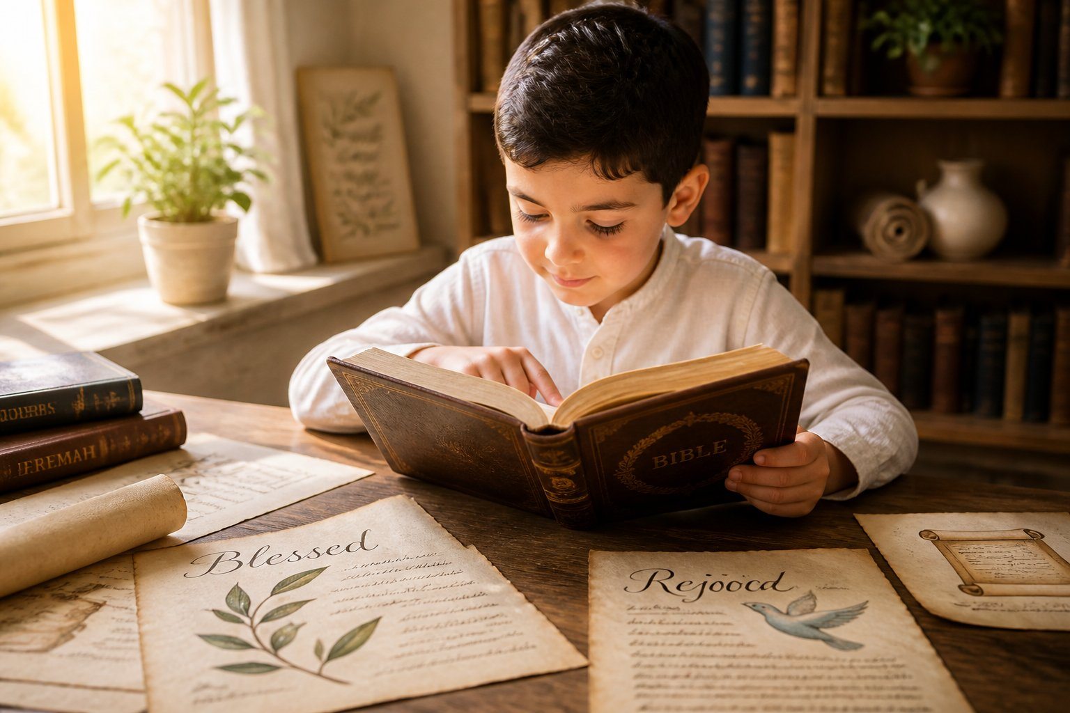 Menino sentado em uma mesa lendo um livro antigo em um ambiente iluminado e acolhedor.