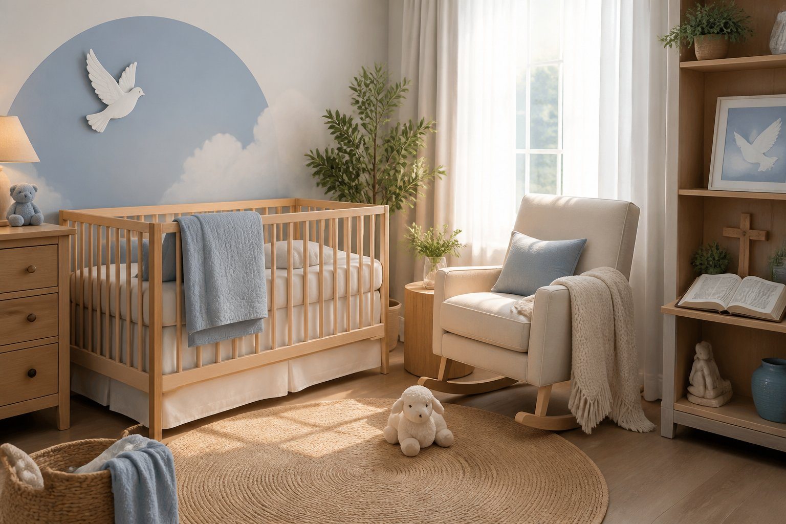 Quarto de bebê menino com decoração suave, móveis de madeira e símbolos bíblicos discretos em uma prateleira.