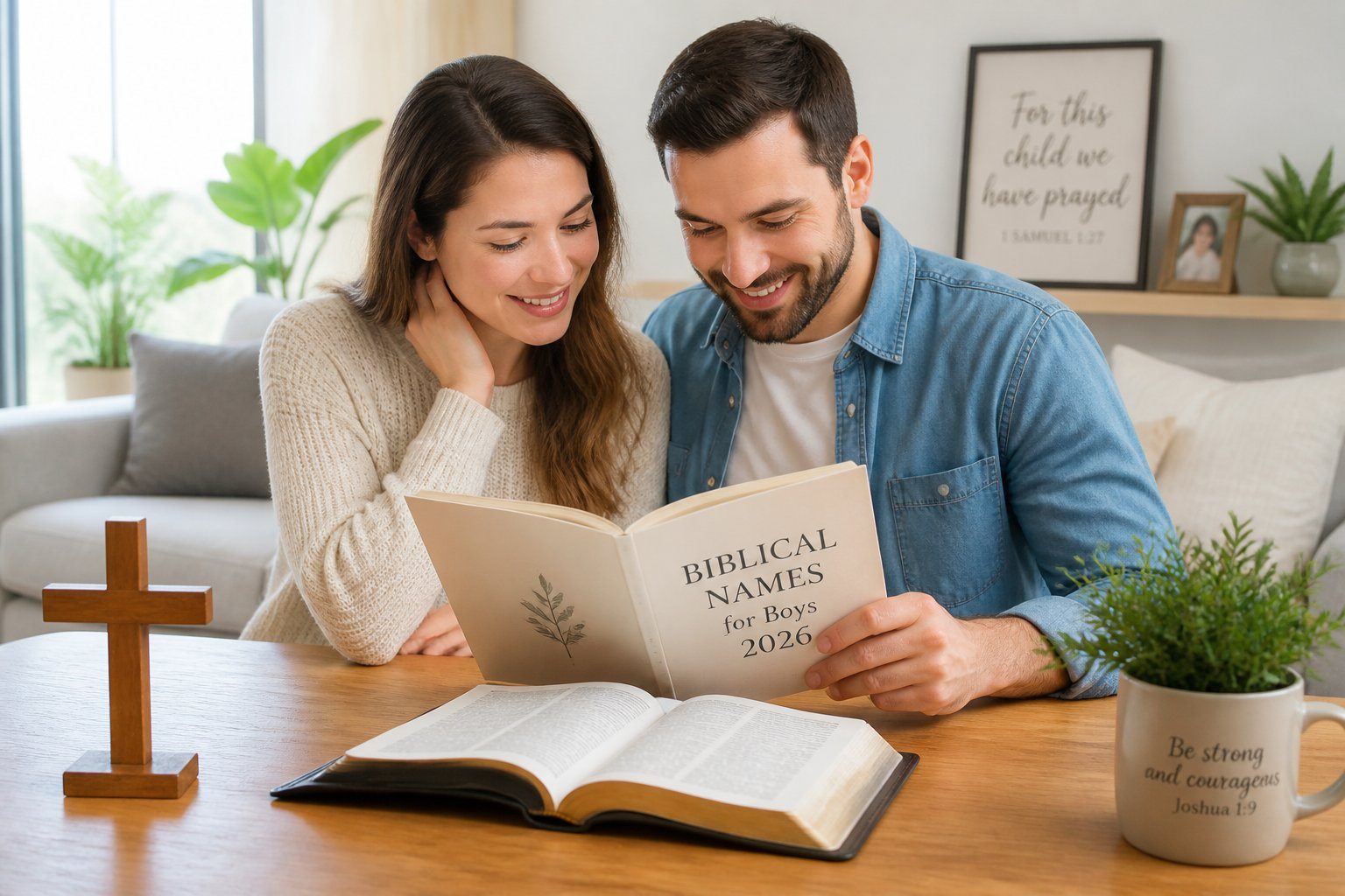 Um casal jovem sentado à mesa em uma sala iluminada, olhando um livro aberto com nomes bíblicos, com uma Bíblia e uma cruz pequena sobre a mesa.