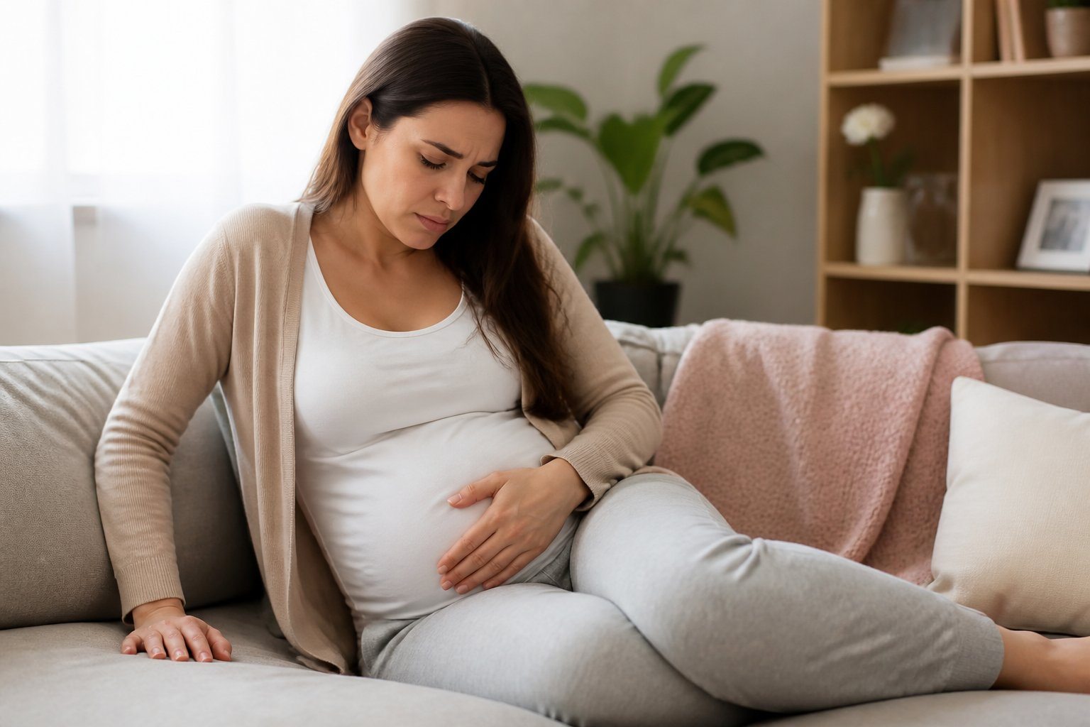 Mulher grávida sentada no sofá segurando a barriga com expressão de desconforto.