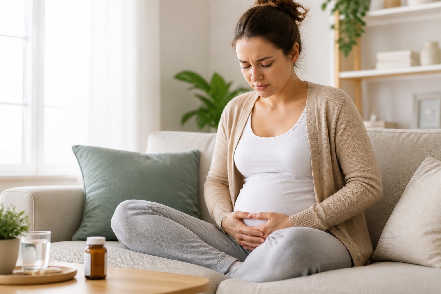 Mulher grávida sentada no sofá, com expressão de desconforto e segurando a parte inferior da barriga.