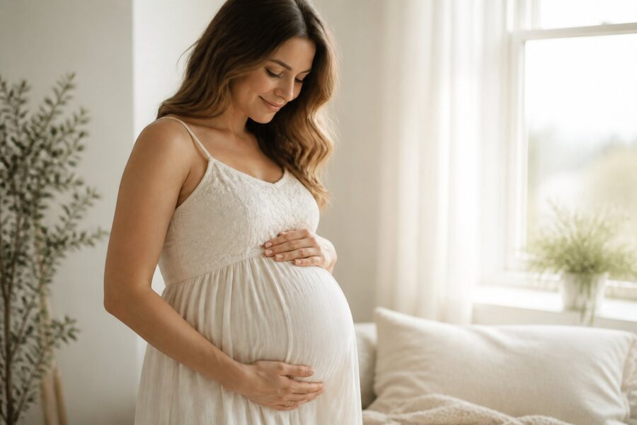 Mulher grávida acariciando suavemente a barriga em um ambiente tranquilo e iluminado.