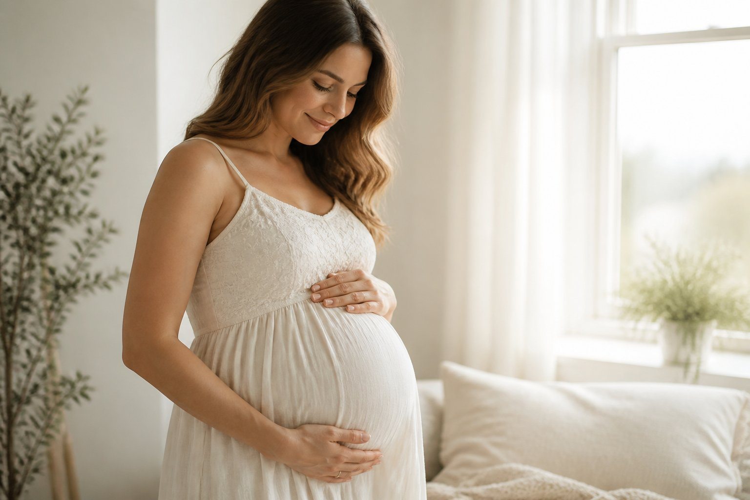 Mulher grávida acariciando suavemente a barriga em um ambiente tranquilo e iluminado.