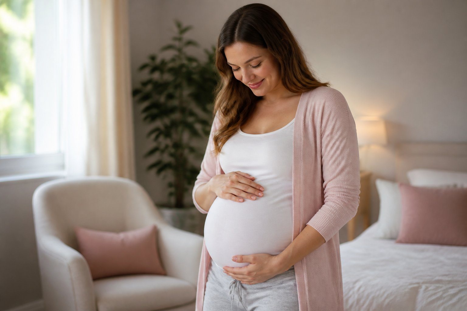Mulher grávida de 11 semanas segurando a barriga em um ambiente interno acolhedor.