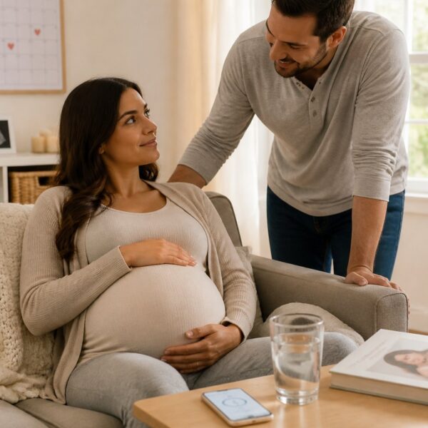 Mulher grávida nos últimos dias de gestação sentada em um sofá, segurando a barriga, com uma pessoa ao lado oferecendo apoio em um ambiente acolhedor.