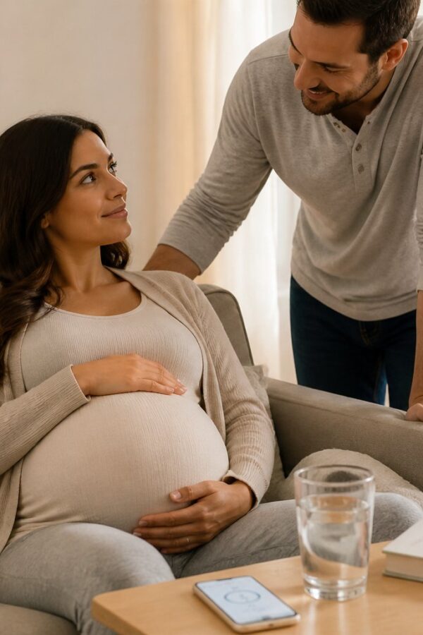 Mulher grávida nos últimos dias de gestação sentada em um sofá, segurando a barriga, com uma pessoa ao lado oferecendo apoio em um ambiente acolhedor.