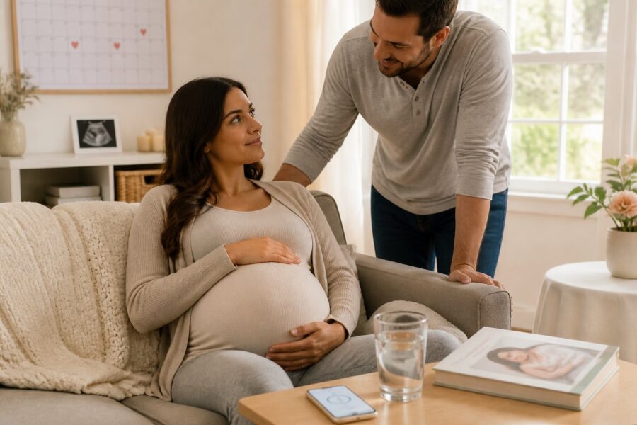 Mulher grávida nos últimos dias de gestação sentada em um sofá, segurando a barriga, com uma pessoa ao lado oferecendo apoio em um ambiente acolhedor.