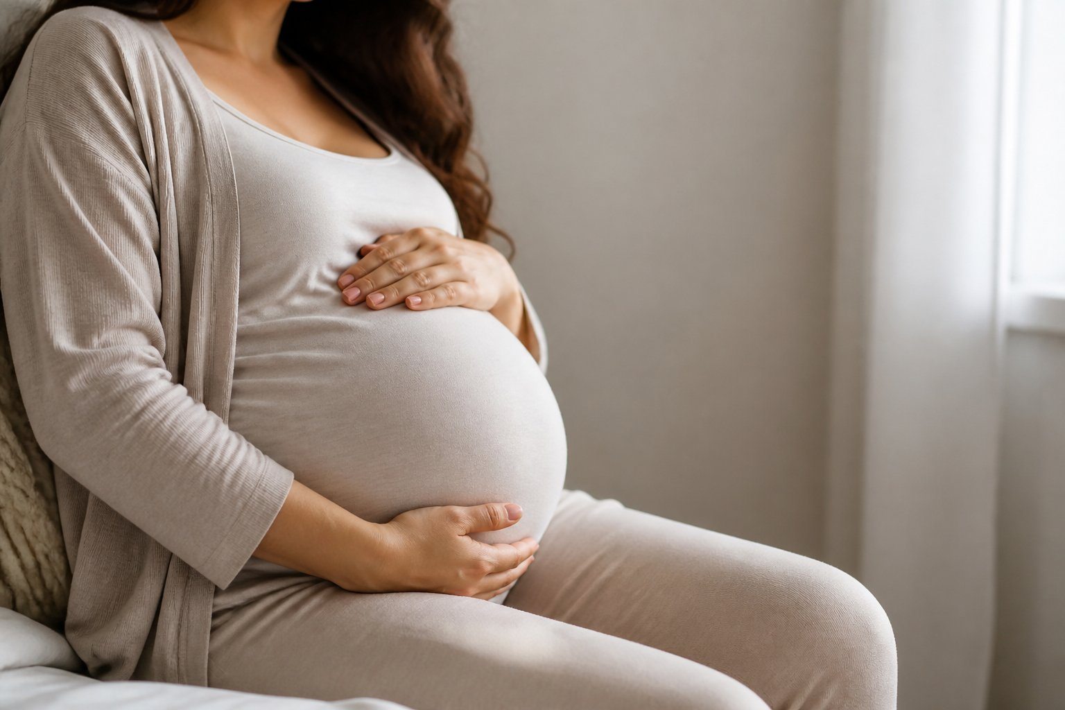 Mulher grávida segurando a barriga em ambiente tranquilo, mostrando sinais da reta final da gestação.