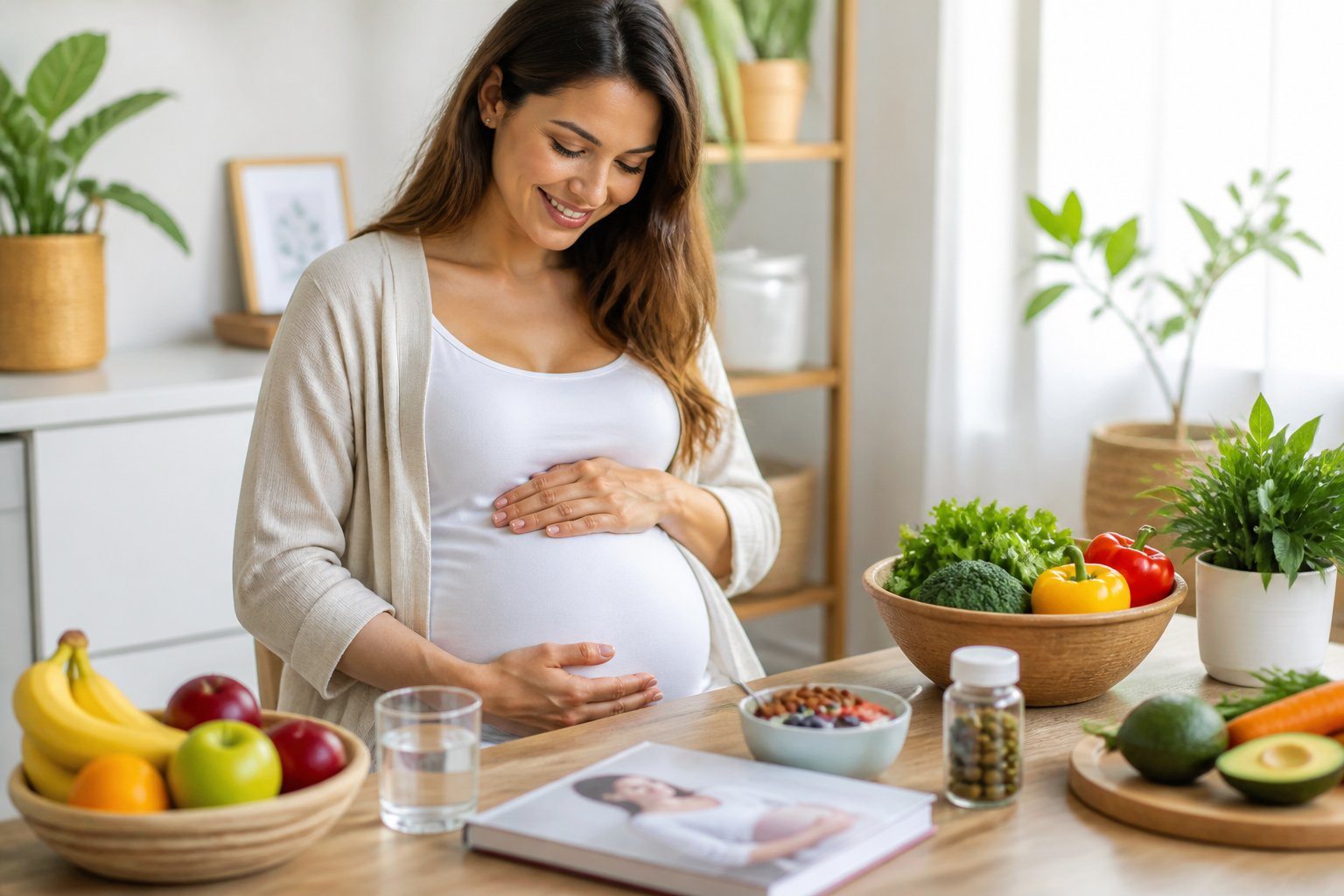 Mulher grávida sorrindo, sentada à mesa com alimentos saudáveis, acariciando a barriga em um ambiente doméstico acolhedor.