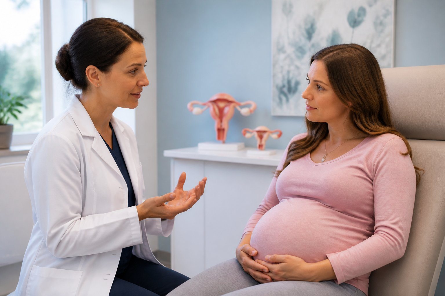 Profissional de saúde conversando com gestante em consultório médico, explicando sinais de que o parto está próximo.