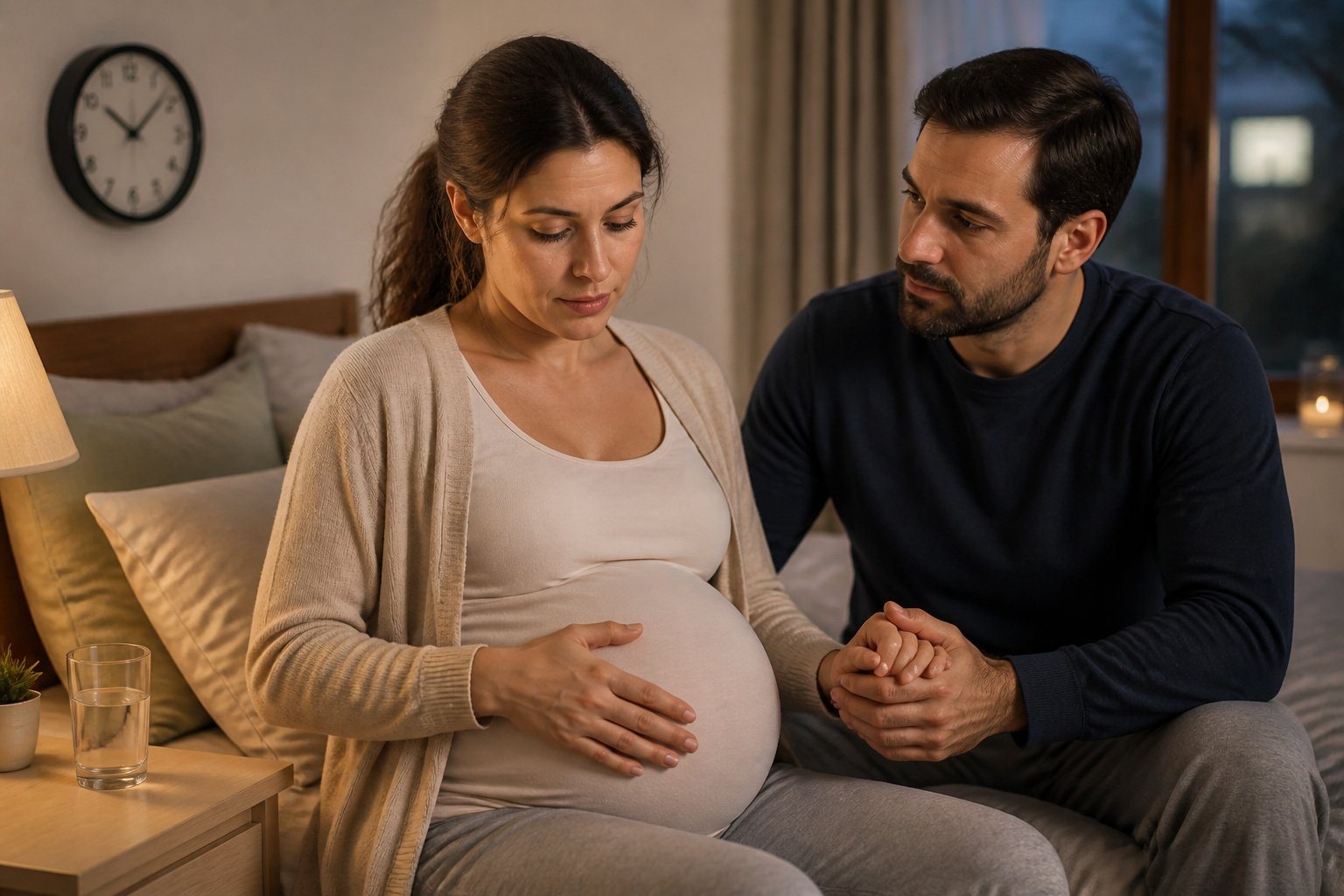 Mulher grávida em um quarto tranquilo, segurando a barriga com expressão pensativa, com o parceiro ao lado oferecendo apoio.