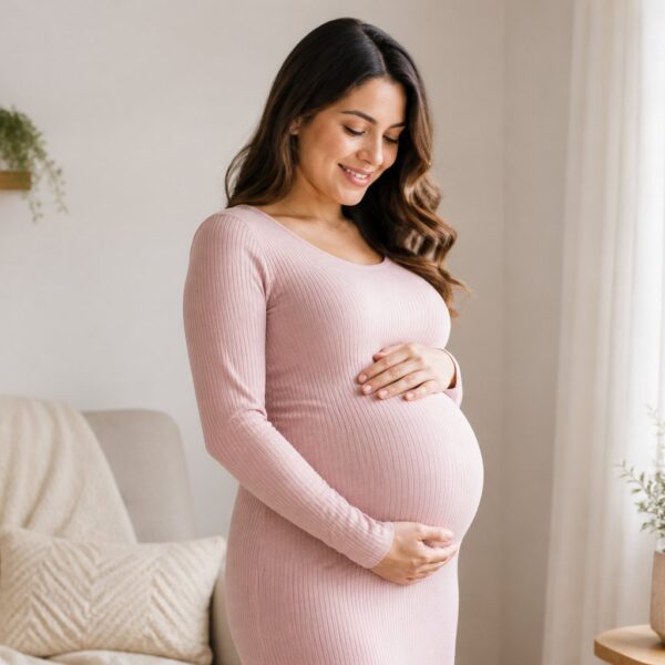 Mulher grávida acariciando a barriga em um ambiente claro e acolhedor.