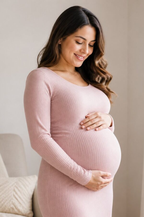 Mulher grávida acariciando a barriga em um ambiente claro e acolhedor.