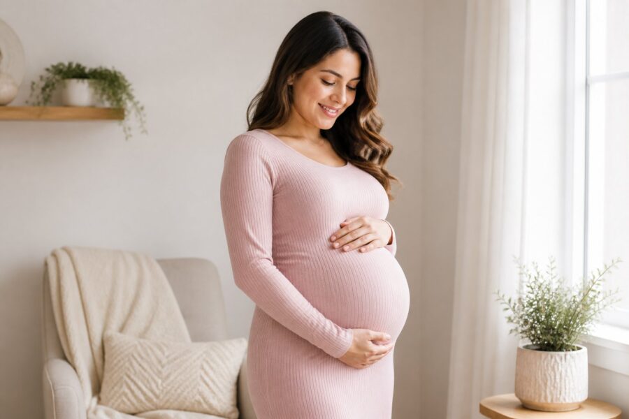 Mulher grávida acariciando a barriga em um ambiente claro e acolhedor.