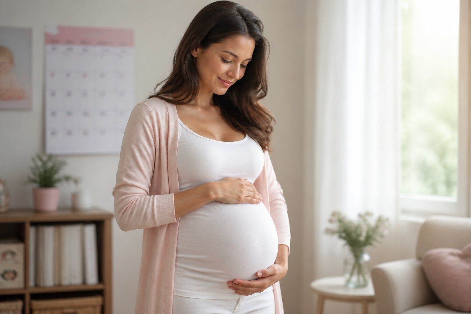 Mulher grávida acariciando a barriga em um ambiente doméstico acolhedor e iluminado pela luz natural.