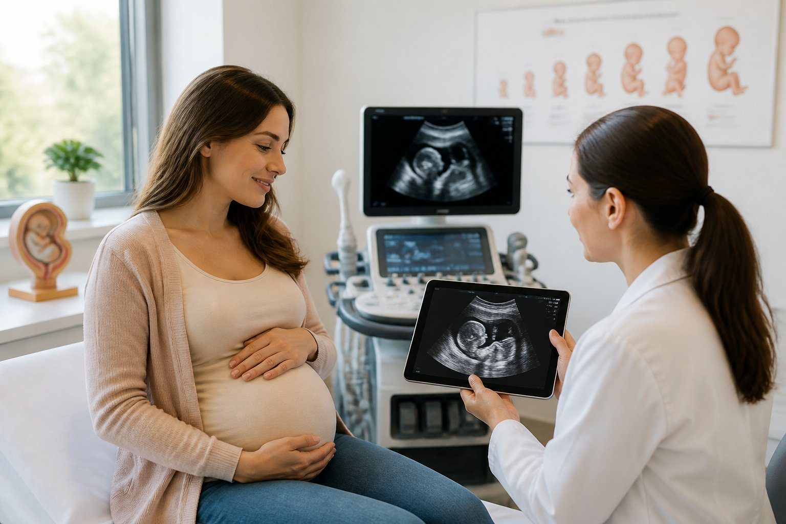 Mulher grávida de 17 semanas recebendo orientação médica com imagem de ultrassom em consultório moderno.
