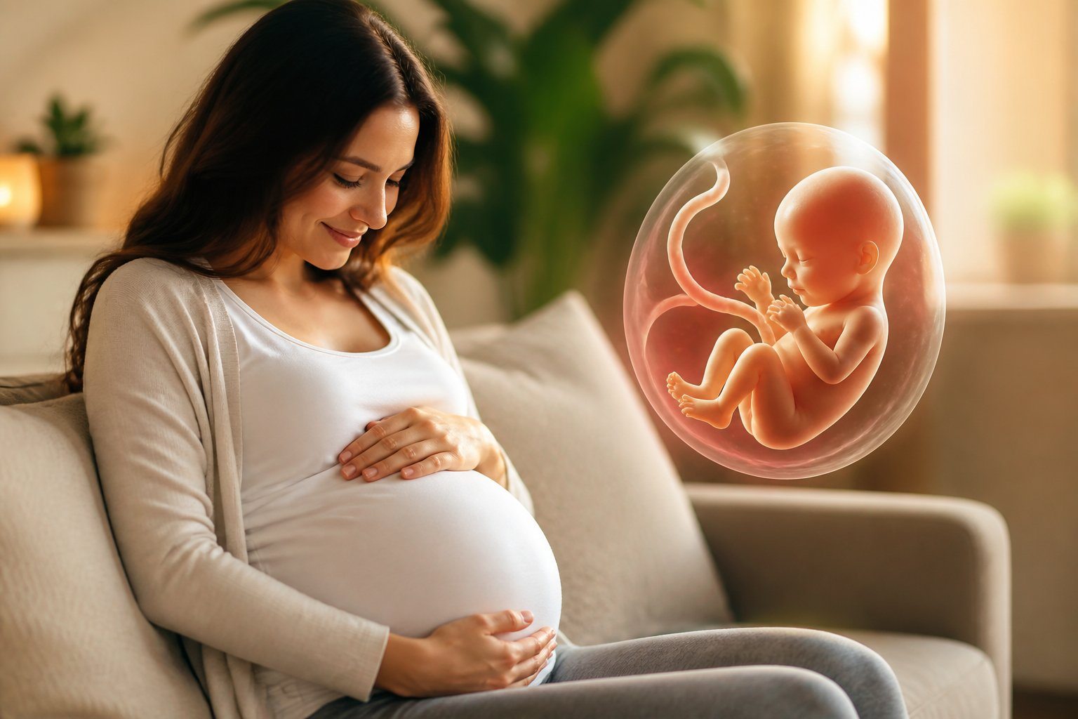 Mulher grávida acariciando a barriga em ambiente acolhedor, com ilustração translúcida de feto ao lado.