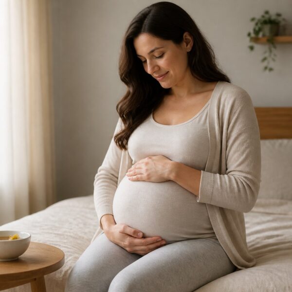 Mulher grávida segurando a barriga em um quarto iluminado, transmitindo calma e cuidado.
