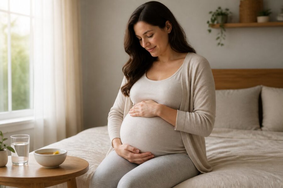 Mulher grávida segurando a barriga em um quarto iluminado, transmitindo calma e cuidado.