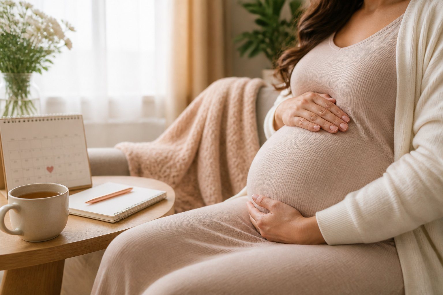 Mulher grávida acariciando a barriga em um ambiente doméstico iluminado pela luz natural.