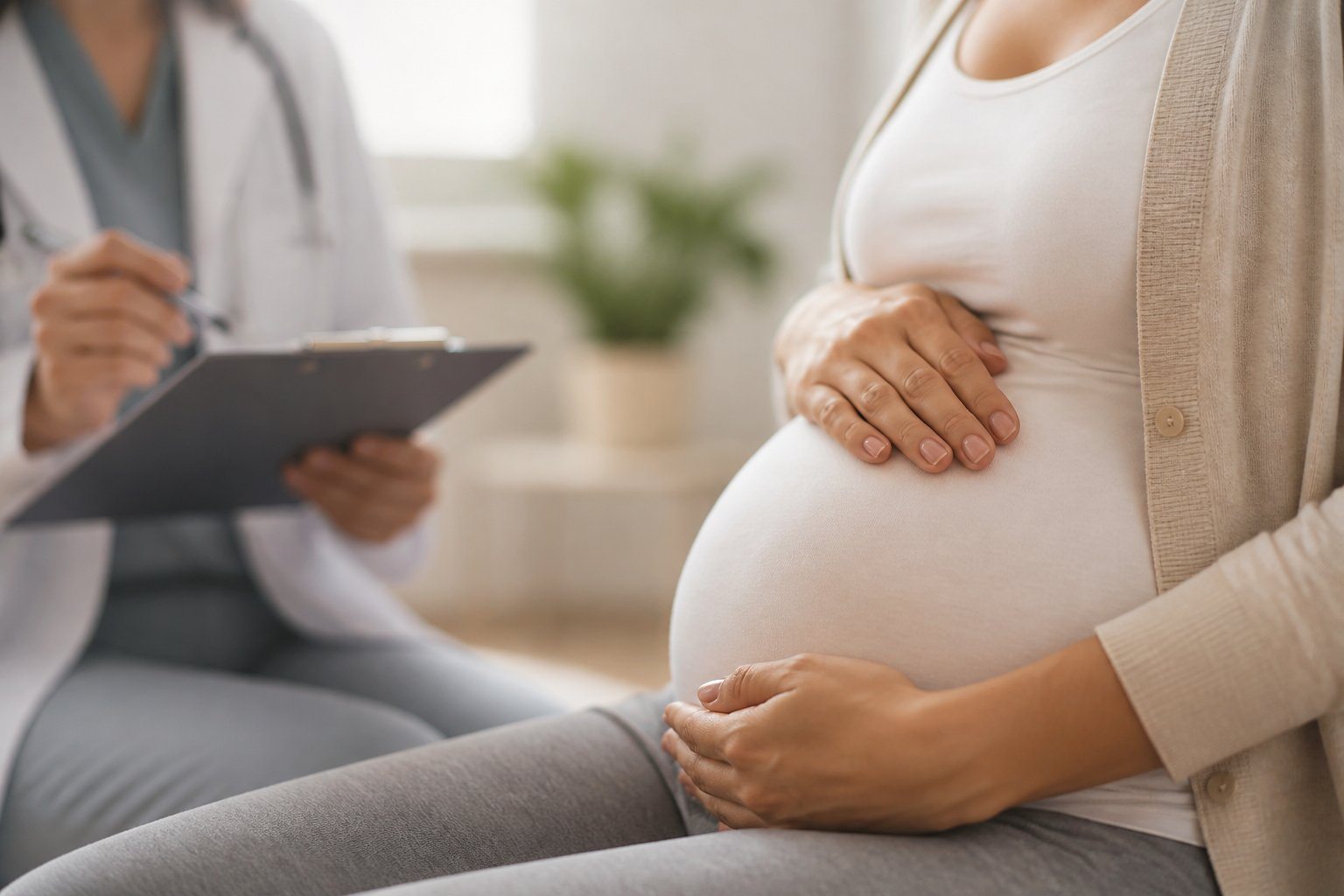 Mulher grávida com as mãos repousando sobre a barriga, em um ambiente calmo e acolhedor, simbolizando cuidados na gravidez.