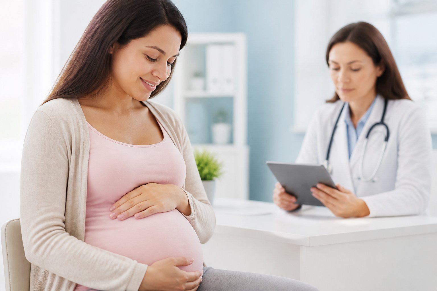 Mulher grávida tocando suavemente a barriga em um consultório médico com uma profissional de saúde ao fundo.