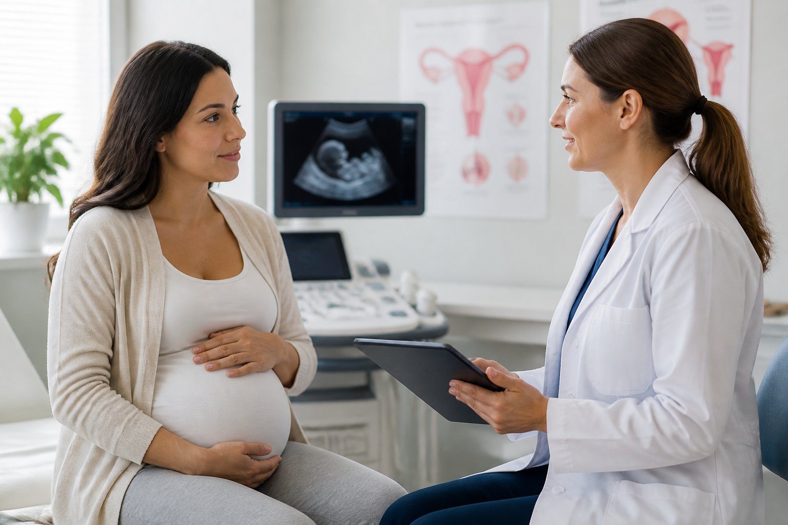 Mulher grávida conversando com obstetra em consultório médico moderno, ambos sentados e atentos.