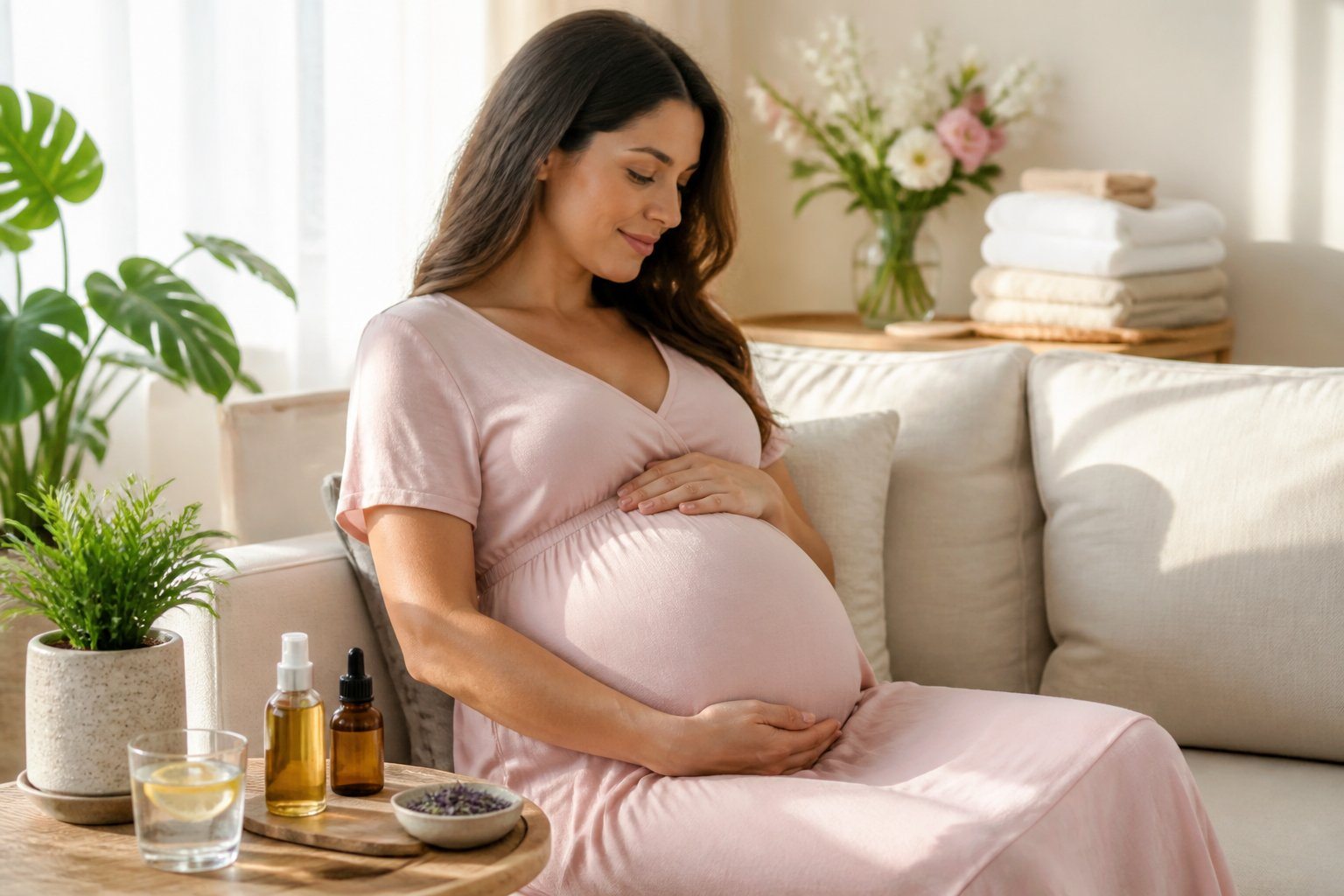 Mulher grávida sentada confortavelmente em um sofá claro, acariciando a barriga, em um ambiente iluminado e tranquilo com produtos naturais ao lado.