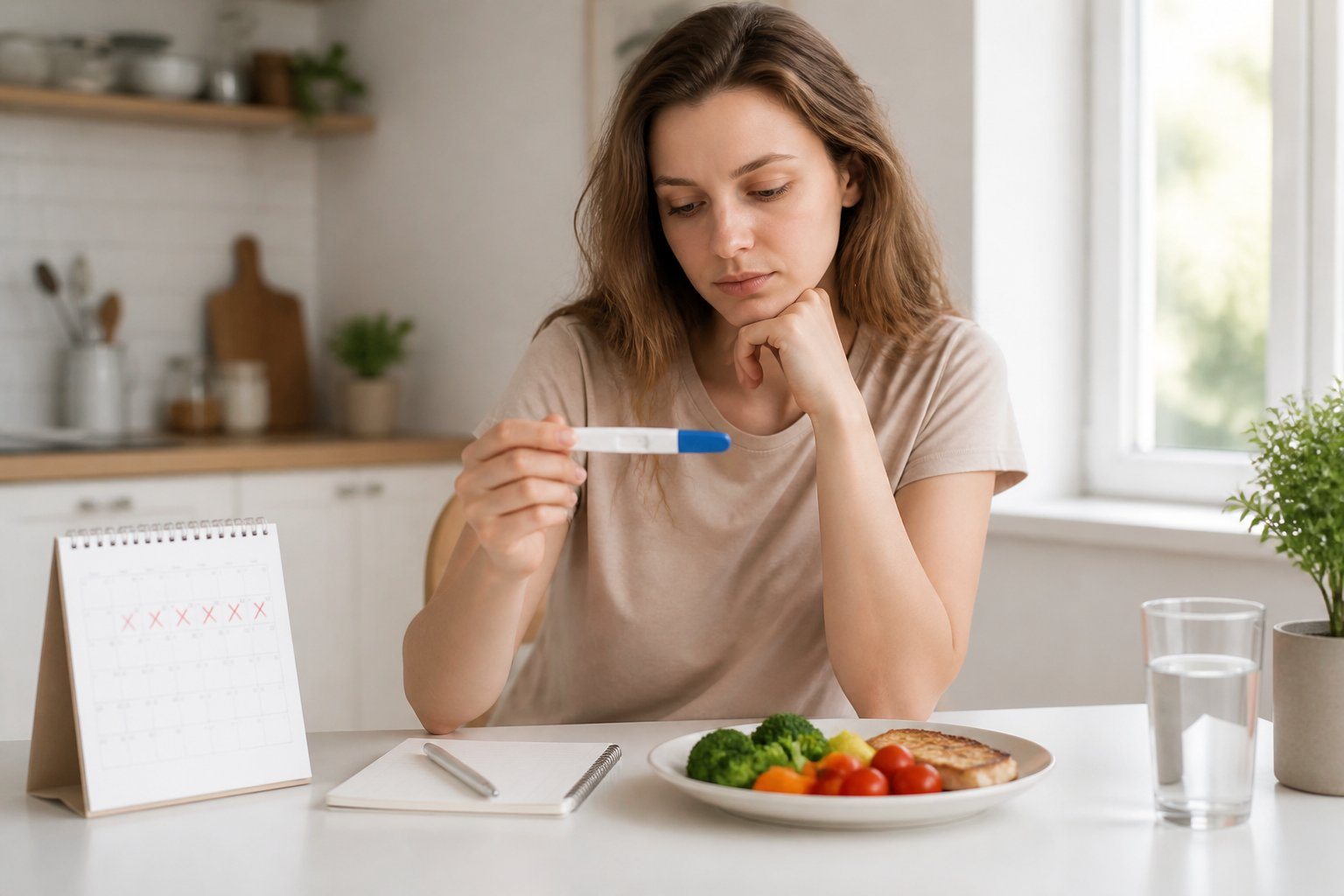 Mulher jovem sentada à mesa da cozinha olhando pensativa para um teste de gravidez com resultado negativo.