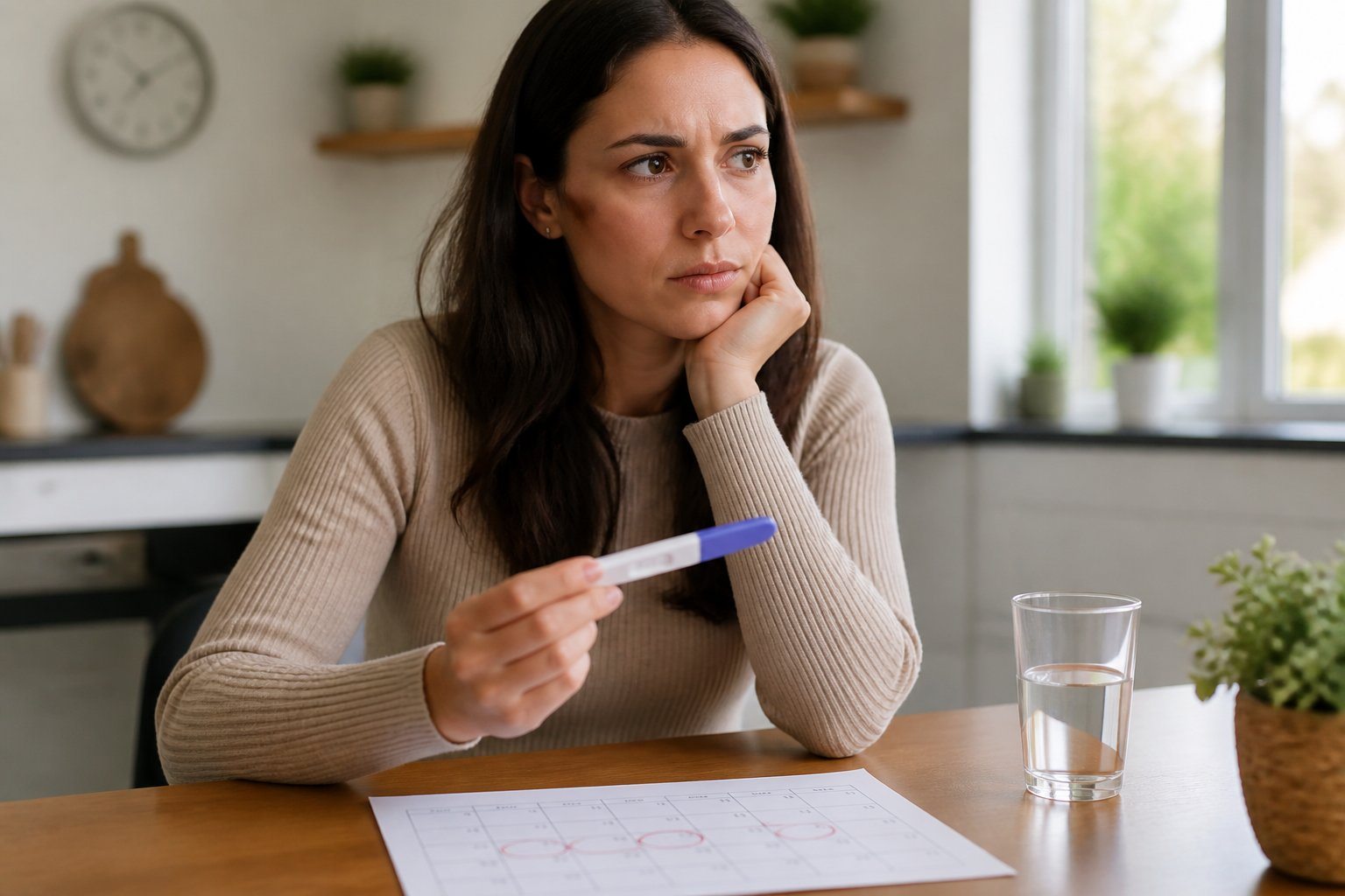 Mulher sentada à mesa, olhando pensativa para um teste de gravidez negativo, com um calendário ao lado.