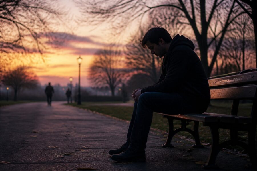 Pessoa sentada sozinha em um banco de parque ao entardecer, com expressão triste e pensativa.