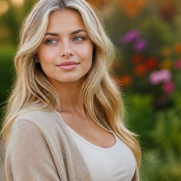 Jovem mulher loira com cabelo ondulado, em ambiente externo com vegetação ao fundo, olhando suavemente para o lado.