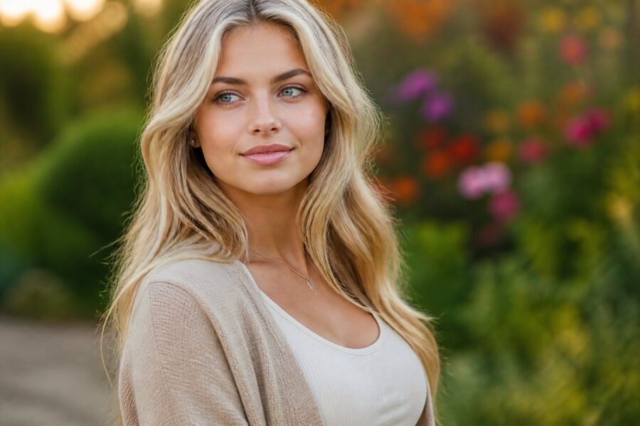 Jovem mulher loira com cabelo ondulado, em ambiente externo com vegetação ao fundo, olhando suavemente para o lado.